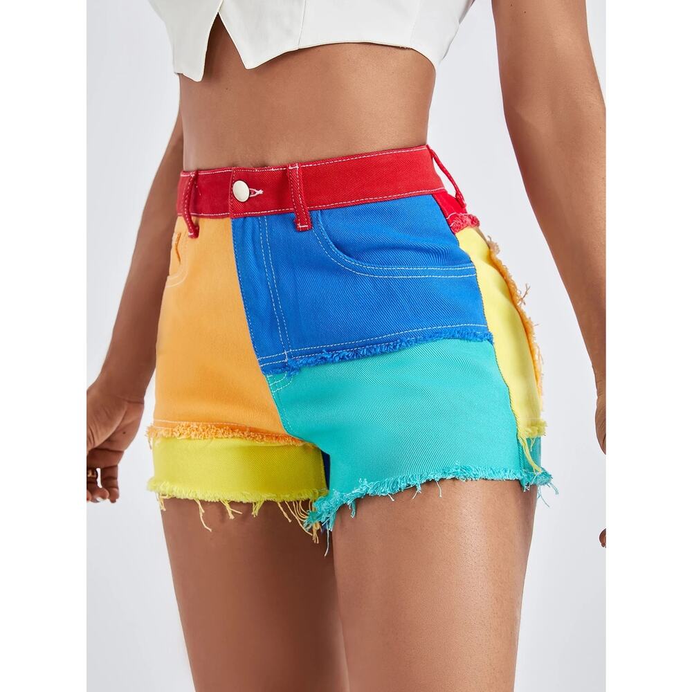 ColorBlock Rainbow Retro raw hem Denim Short size 4 W cotton Kidcore Streetwear